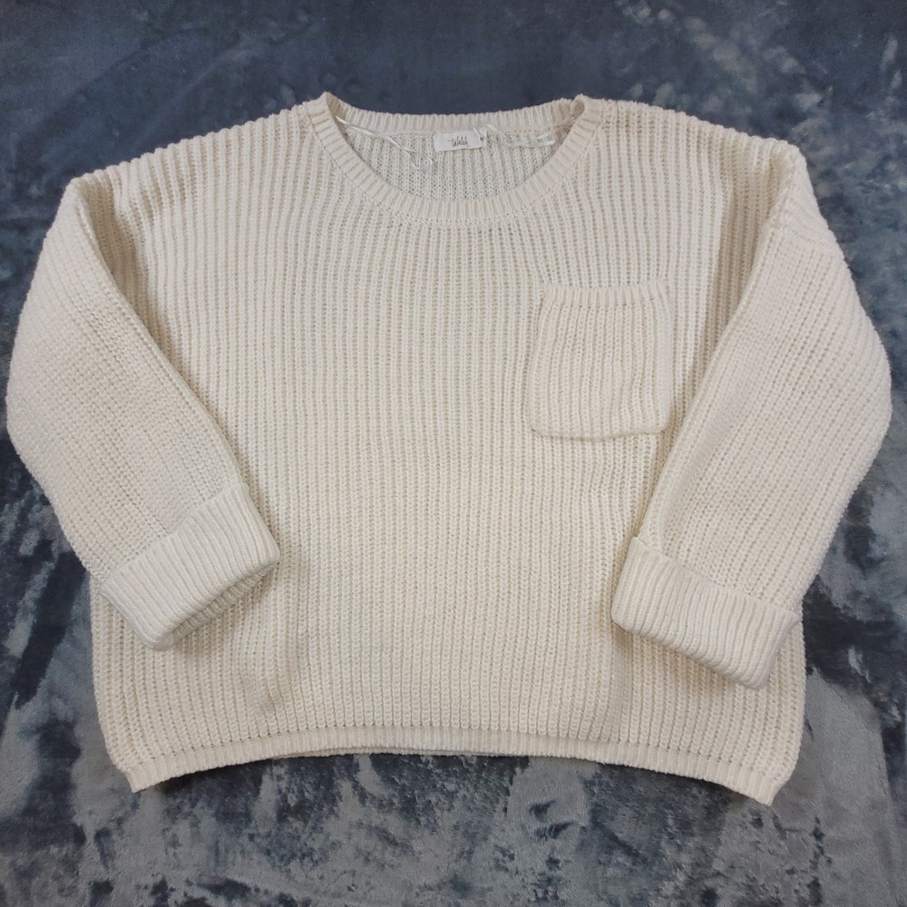 Talulah Cream Ribbed Chunky Knit Sweater Womens Medium Crew Neck Chest Pocket‎